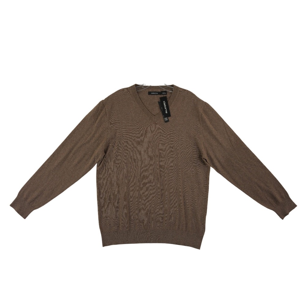 NWT Claiborne V Neck Sweater Men's Size Large Brown Cotton Cashmere